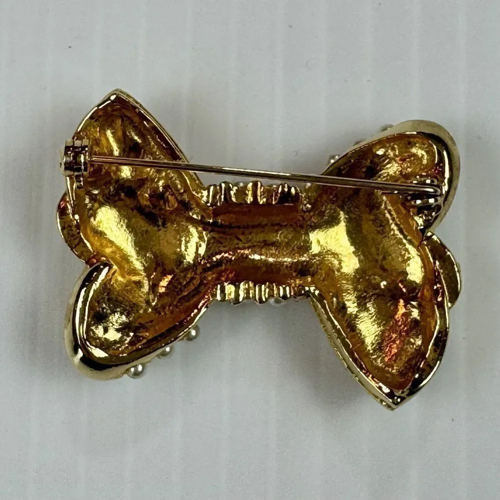 Vintage Faux Pearl Bow Brooch Gold Tone Coquette Ribbon Statement Pin Gift